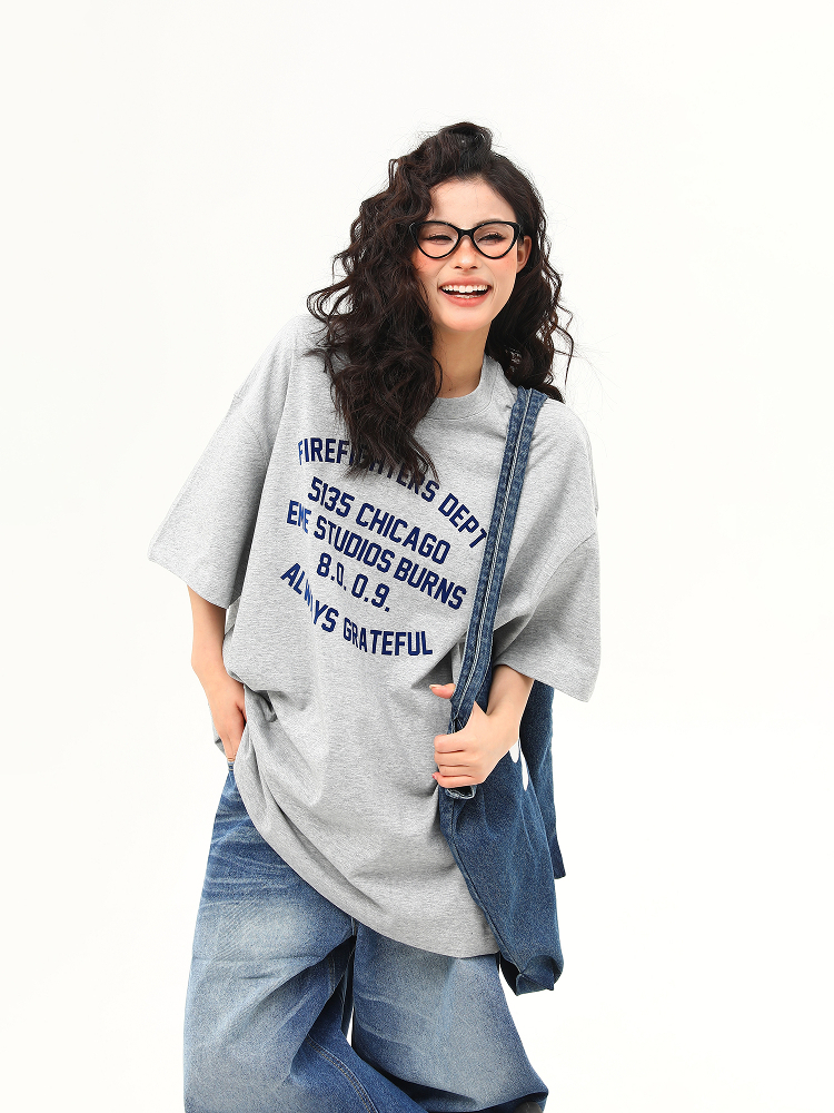 Heavyweight American Vintage Flocked Letter Short Sleeve T-Shirt for Women - Loose Fit, Versatile Summer Tee, 90s Inspired Fashion