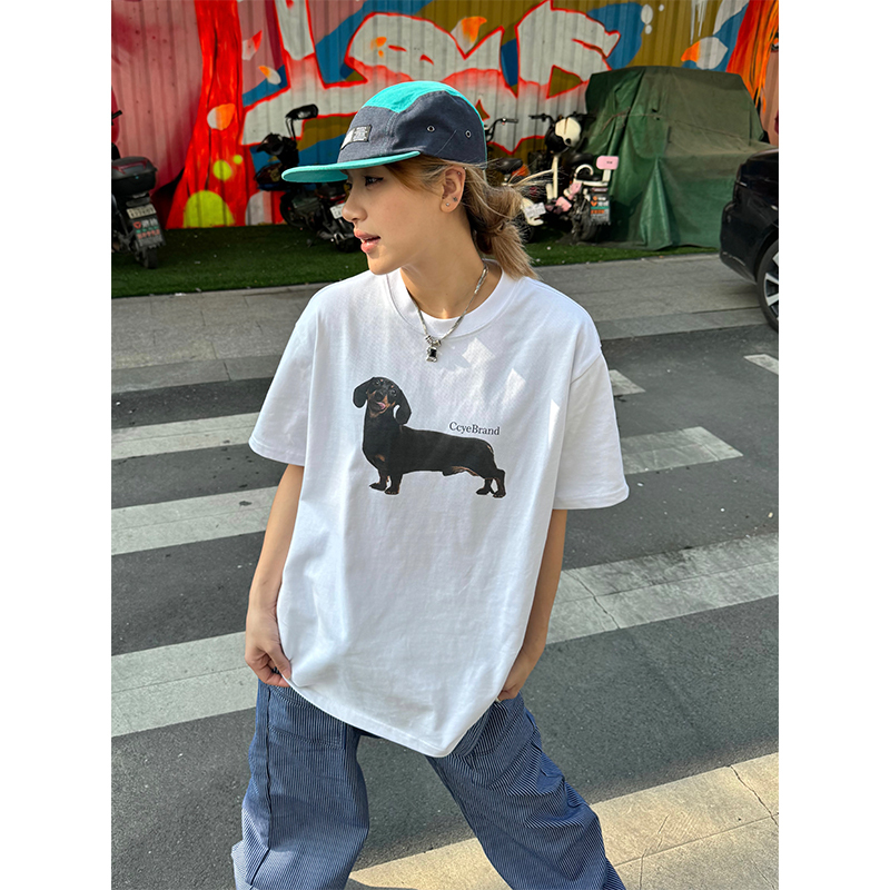 Heavyweight Dachshund Print Short Sleeve T-Shirt - Vintage Unisex Loose Fit, Trendy 90s Inspired Casual Top