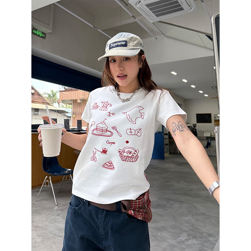 Heavyweight Embroidered Micro Loose Short Sleeve T-Shirt for Women - Versatile Summer Top, Casual Style, Y2K Fashion