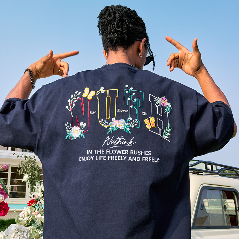 Heavyweight Floral Embroidery Letter Short Sleeve T-Shirt for Men - Streetwear Loose Fit Hip Hop Style - Summer 2025 Fashion