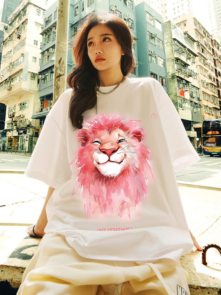 Heavyweight Lion Print Short Sleeve Men's T-Shirt – Trendy Loose Fit Plus Size Summer Style for Couples