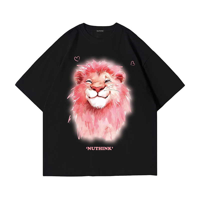 Heavyweight Lion Print Short Sleeve Men's T-Shirt – Trendy Loose Fit Plus Size Summer Style for Couples
