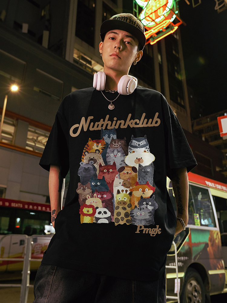 Heavyweight Loose Plus-Size Cartoon Animal T-Shirt for Men, Short Sleeve Summer Trendy Oversized Tee, Casual Streetwear