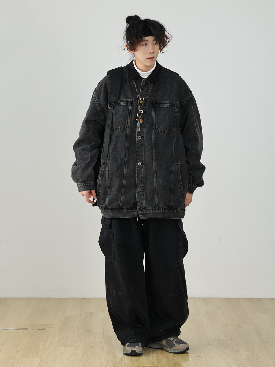 Heavyweight Vintage Japanese Denim Pants for Men | Loose Fit Elastic Waist Workwear Trousers | Casual Spring Autumn Style