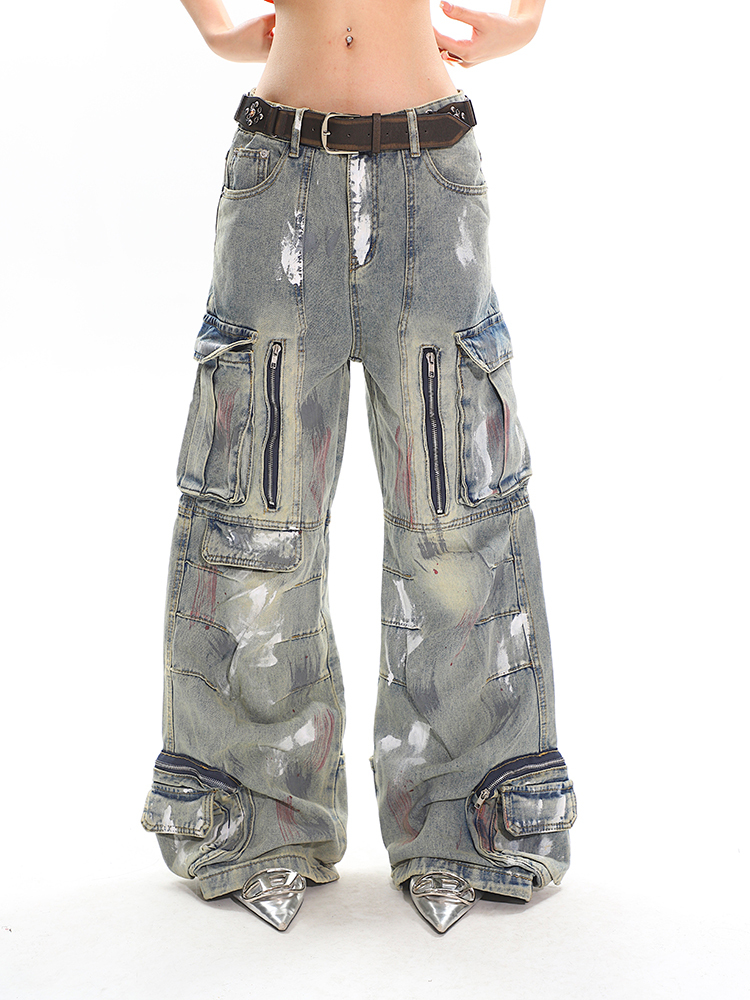 Heavyweight Water-Washed Vintage Multi-Pocket Straight-Leg Work Pants for Women - Summer Graffiti Loose Slimming Style