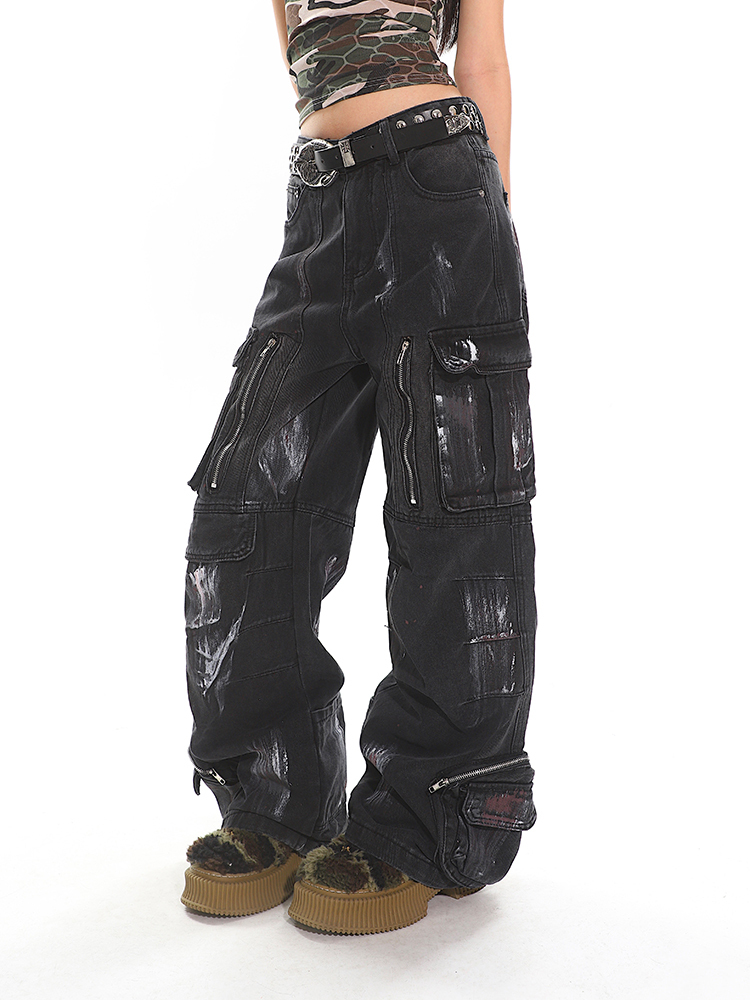 Heavyweight Water-Washed Vintage Multi-Pocket Straight-Leg Work Pants for Women - Summer Graffiti Loose Slimming Style