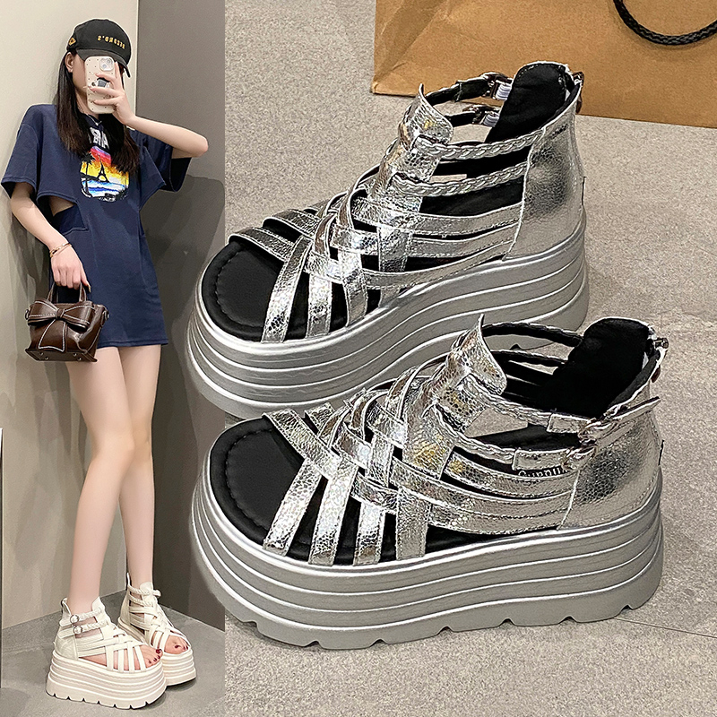 Height-Increasing 8cm Peep-Toe Wedge Sandals for Women - 2025 Summer Thick-Soled Versatile Hollow Roman Style