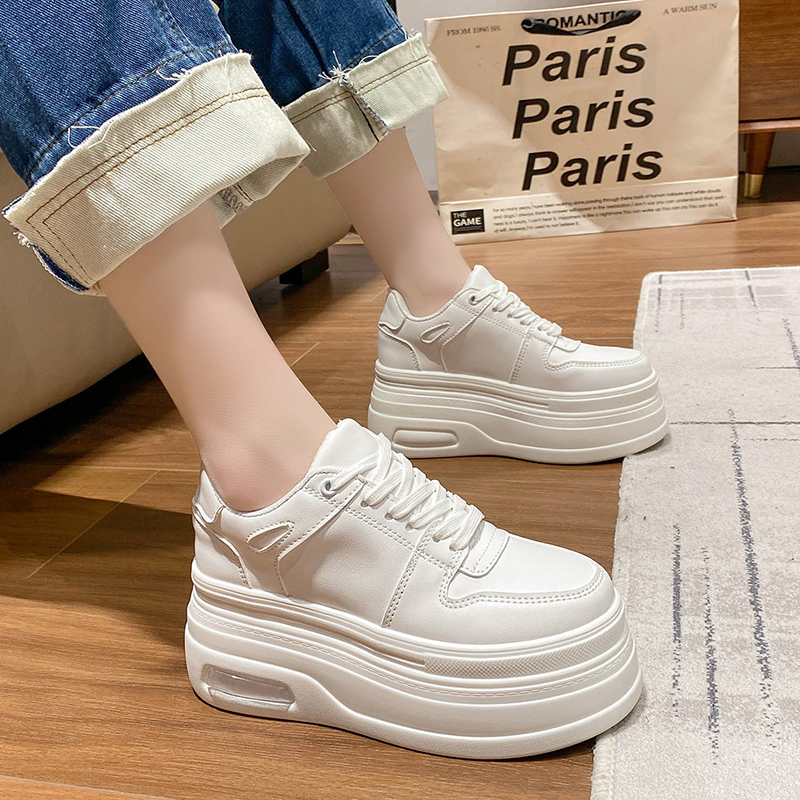 Height-Increasing 8cm Thick-Soled White Leather Sneakers for Women - Trendy Spring 2023 European Style Versatile Skate Shoes