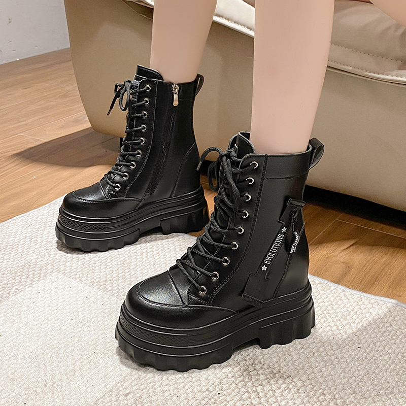 Height Increasing Martin Boots for Women - 10cm Thick Sole Ankle Boots in British Style - Versatile Autumn Winter Footwear