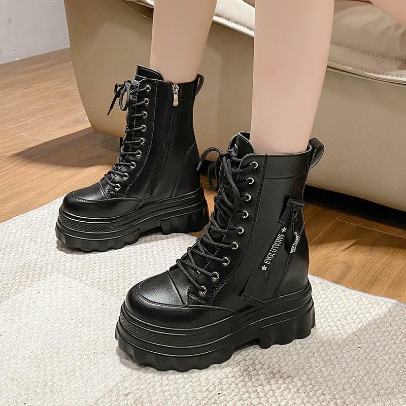 Height Increasing Martin Boots for Women - 10cm Thick Sole Ankle Boots in British Style - Versatile Autumn Winter Footwear