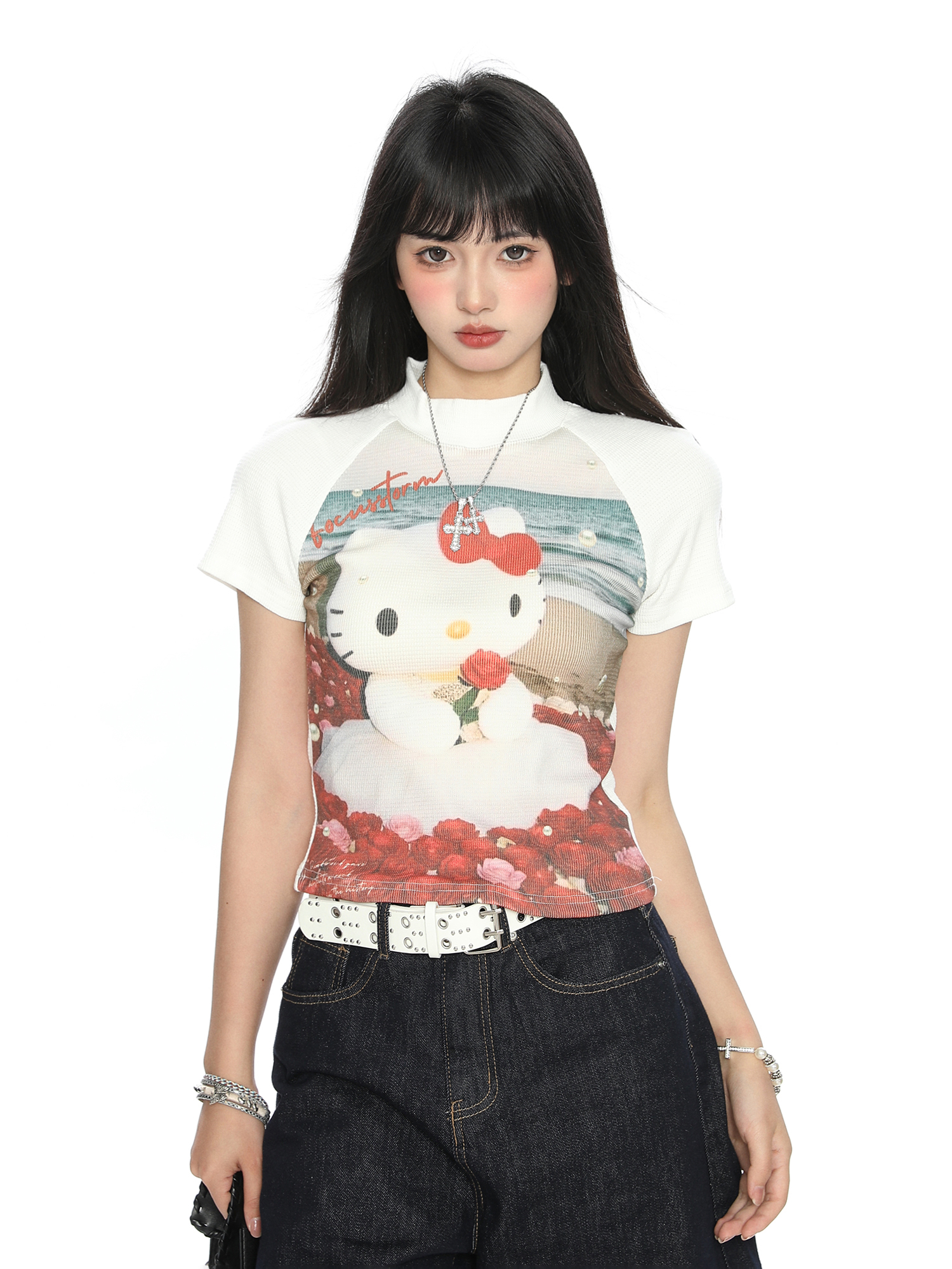 Hello Kitty Cartoon Short Sleeve T-Shirt for Women - Summer Slim Fit Round Neck Top, Cute Y2K Style