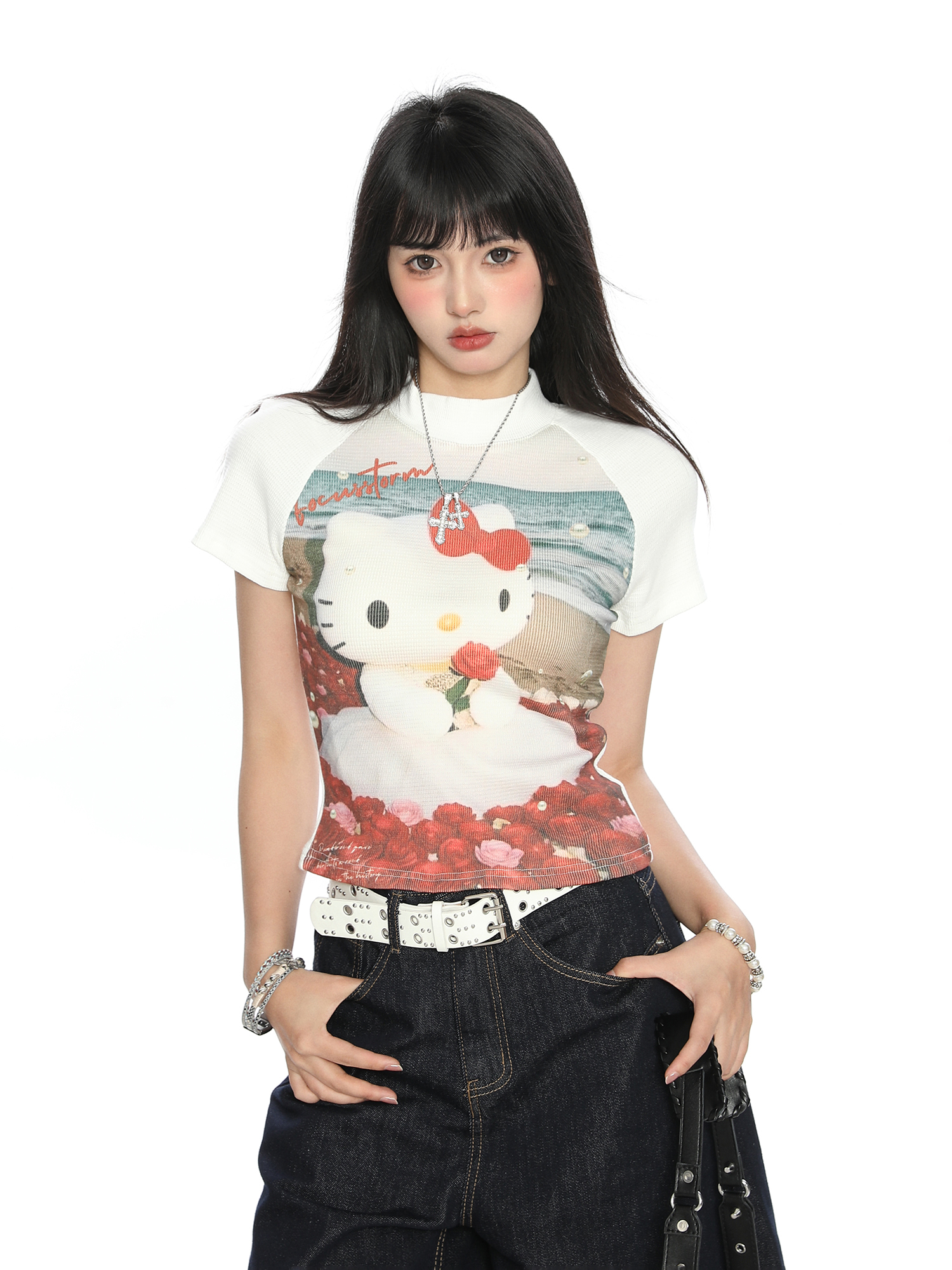 Hello Kitty Cartoon Short Sleeve T-Shirt for Women - Summer Slim Fit Round Neck Top, Cute Y2K Style