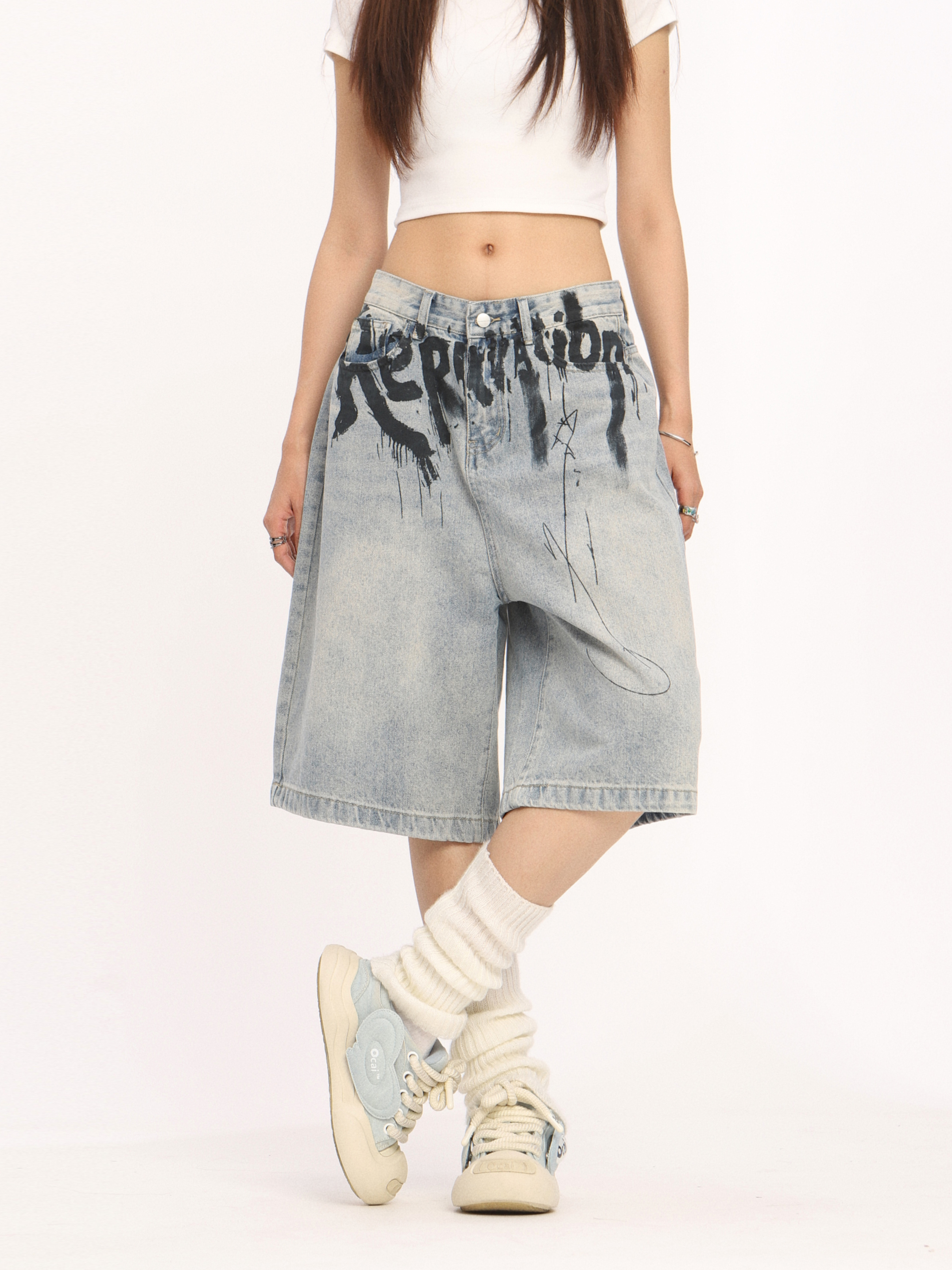 High-End American-Style Ink Spray Blue Jeans - Niche Design Straight Wide-Leg Cropped Pants for Trendy Casual Wear