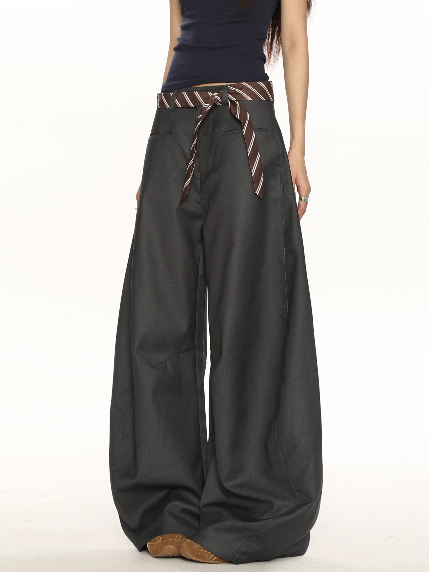 High-End Casual Wide-Leg Floor-Length Pants for Women - Unique Draped Design with Curved Blade Detail, Versatile Fashion Statement