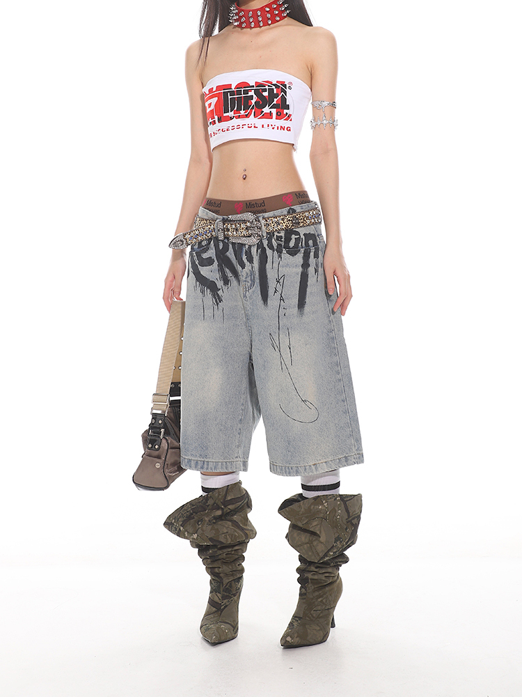 High-End Graffiti Letter Denim Loose Wide-Leg Shorts for Women - Summer 2025 Korean Niche Style