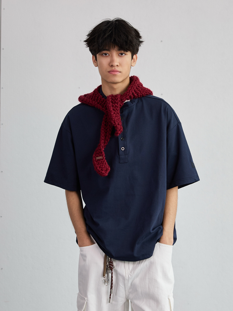 High-End Heavyweight Oversized Henley Collar Short Sleeve T-Shirt for Men - Loose Fit Round Neck Tee - Y2K Summer Style
