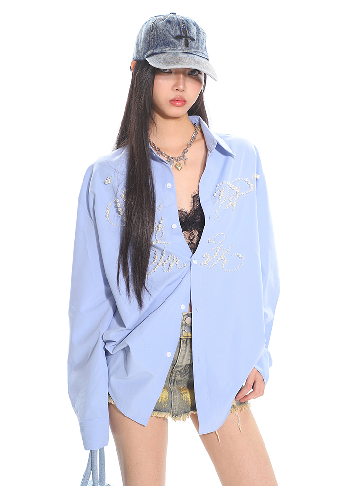 High-End Pearl Beaded Letter Shirt Jacket for Women - Loose Fit, Niche Style for Spring Summer, Trendy Heavy Industry Design