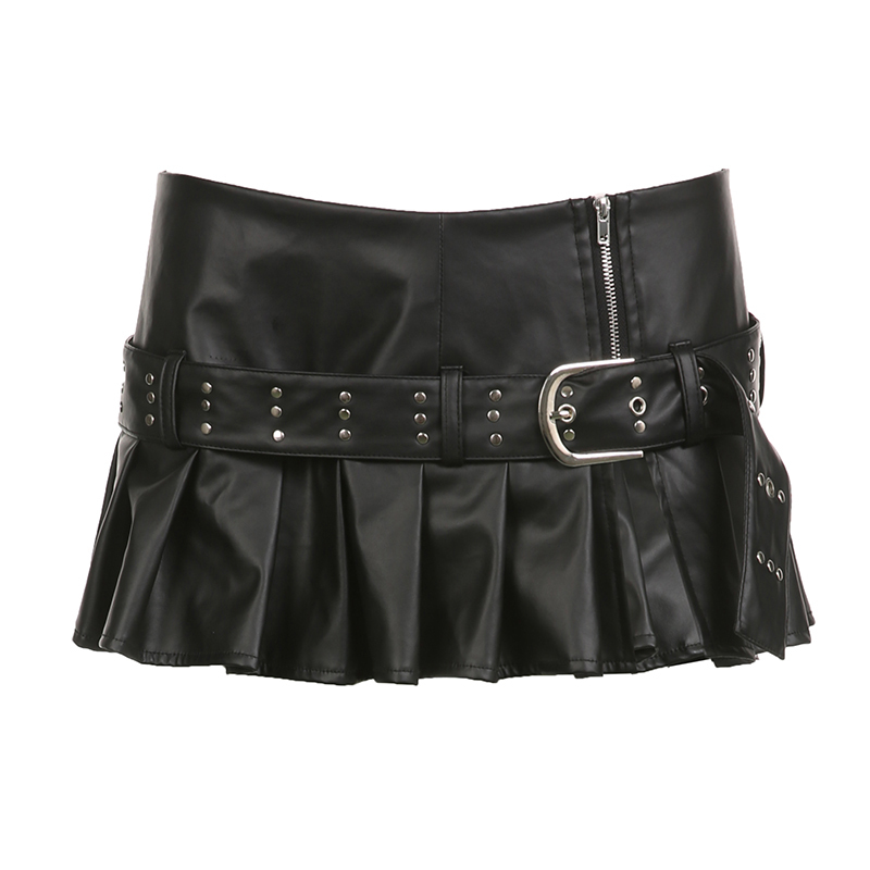 High Energy Motorcycle Style Sexy Split Rivet PU Leather Pleated Skirt - Trendy Streetwear for Hot Girls