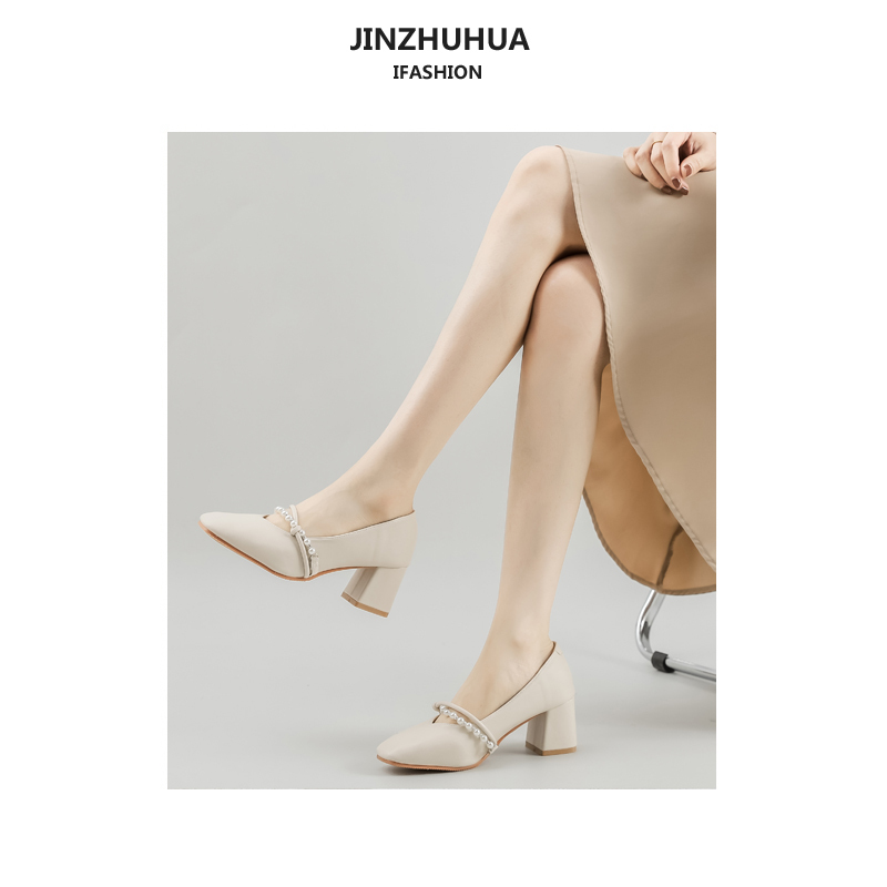 High Heel Chunky Heel Mary Jane Shoes for Women - Sheepskin Spring 2025 Evening Style, Perfect for Skirts and Special Occasions