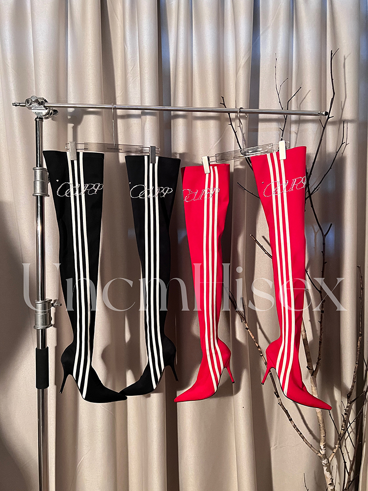 High Heeled Long Boots for Women - Slim Three Stripes Design with Rhinestones, Elastic Fit, Autumn/Winter Fashion, Hot Girl Style
