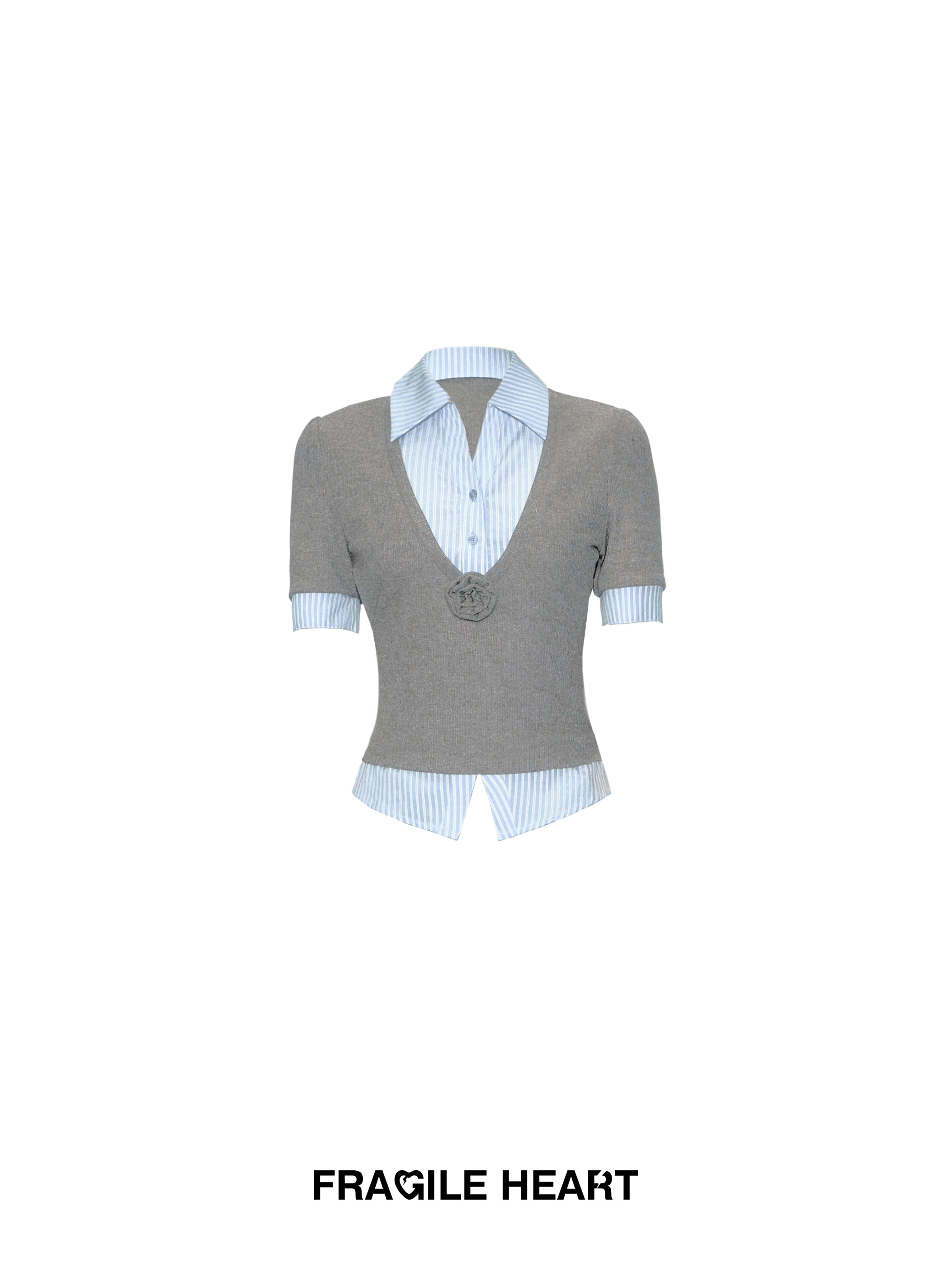 High Intelligence Blue Striped Fake Two-Piece Short Sleeve Shirt Top - Trendy 90s Style Casual Fashion