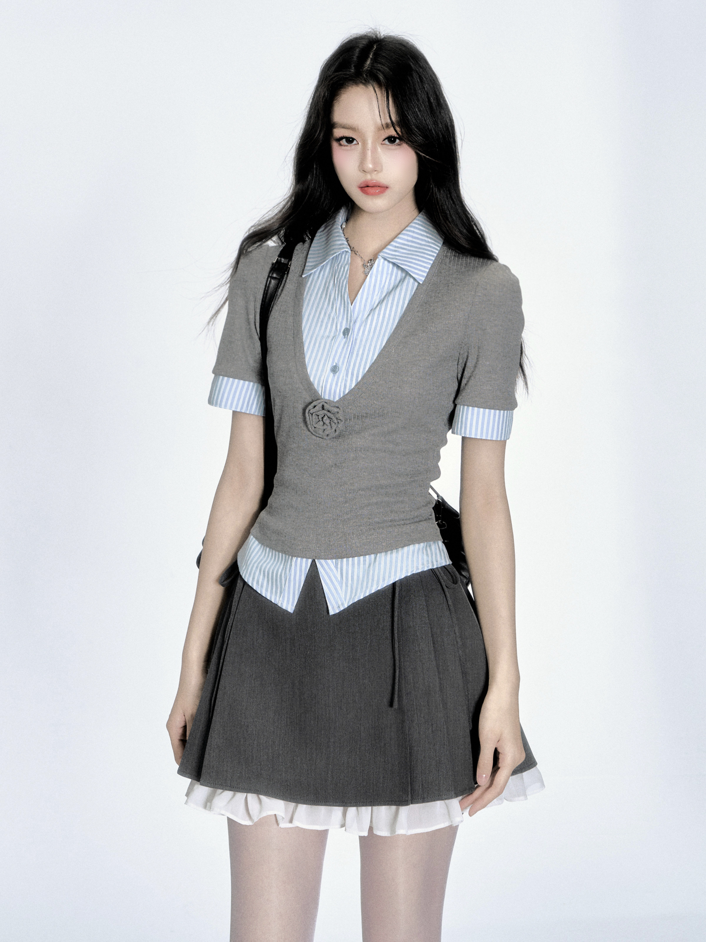 High Intelligence Blue Striped Fake Two-Piece Short Sleeve Shirt Top - Trendy 90s Style Casual Fashion