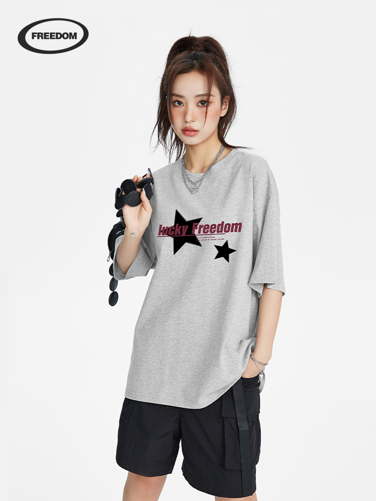 High Street American Style Retro Star Print Short Sleeve Women's Summer T-Shirt in Pure Cotton - Trendy Couples' Tee
