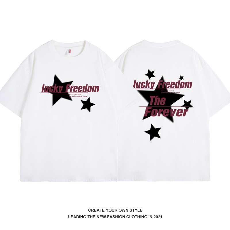 High Street American Style Retro Star Print Short Sleeve Women's Summer T-Shirt in Pure Cotton - Trendy Couples' Tee