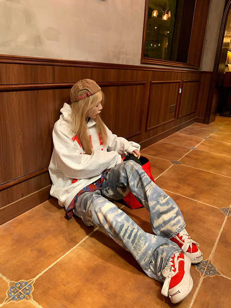 High Street American-Style Ripped Straight Loose Jeans for Men and Women - Fashionable Slim-Fit Wide-Leg Pants