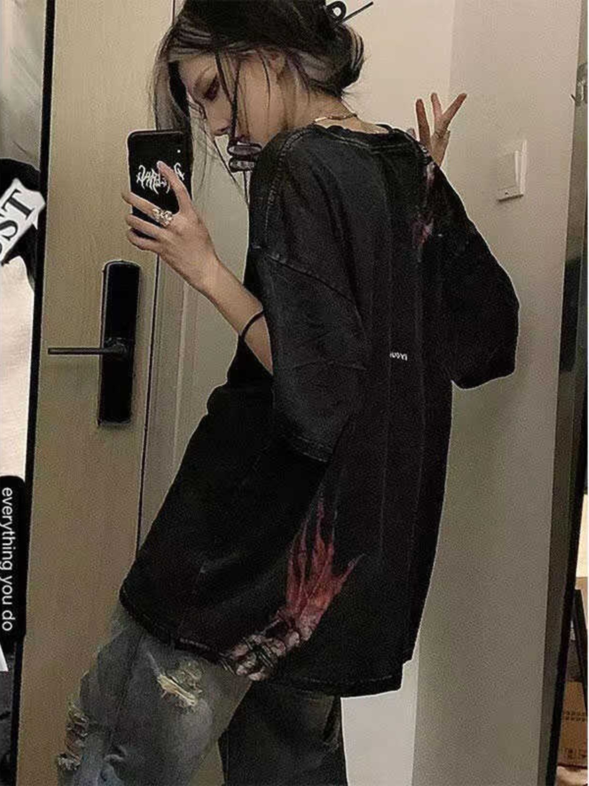 High Street Dark Style Vintage Water-Washed Oversized Short Sleeve T-Shirt for Women - Summer Evil Hand Design