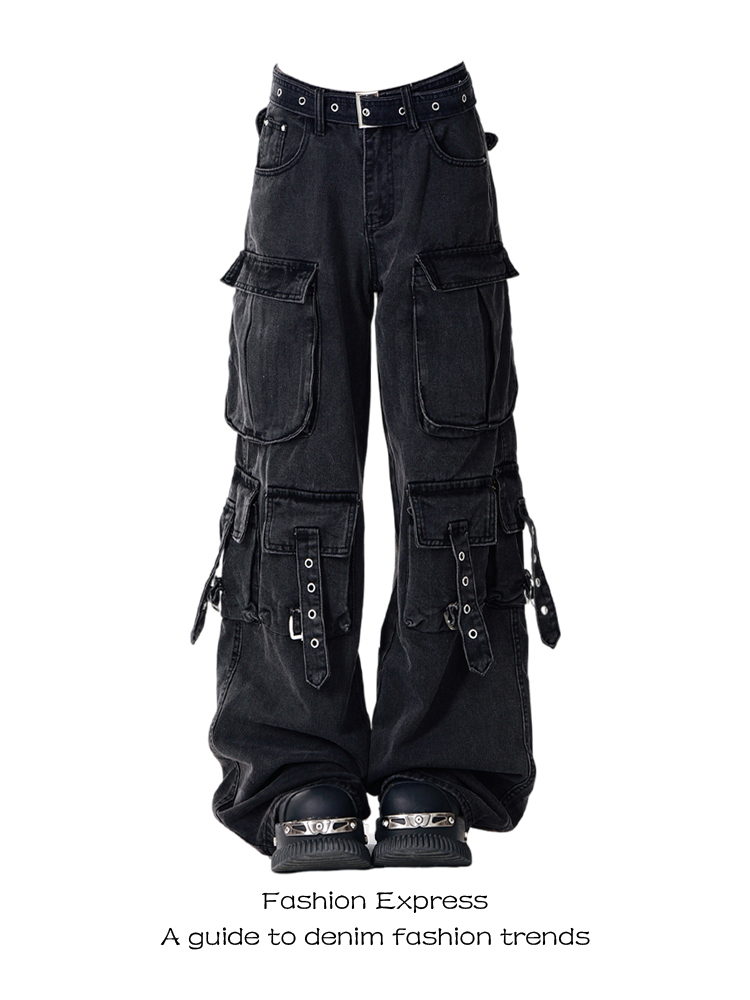 High Street Multi-Pocket Black Denim Workwear Pants for Women - Loose Wide-Leg Floor-Length Style, Autumn/Winter 2025 Fashion