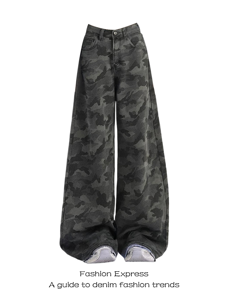 High Street Retro Camouflage Workwear Jeans for Women - 2025 Straight Wide-Leg Pants, American Style, Trendy Fashion