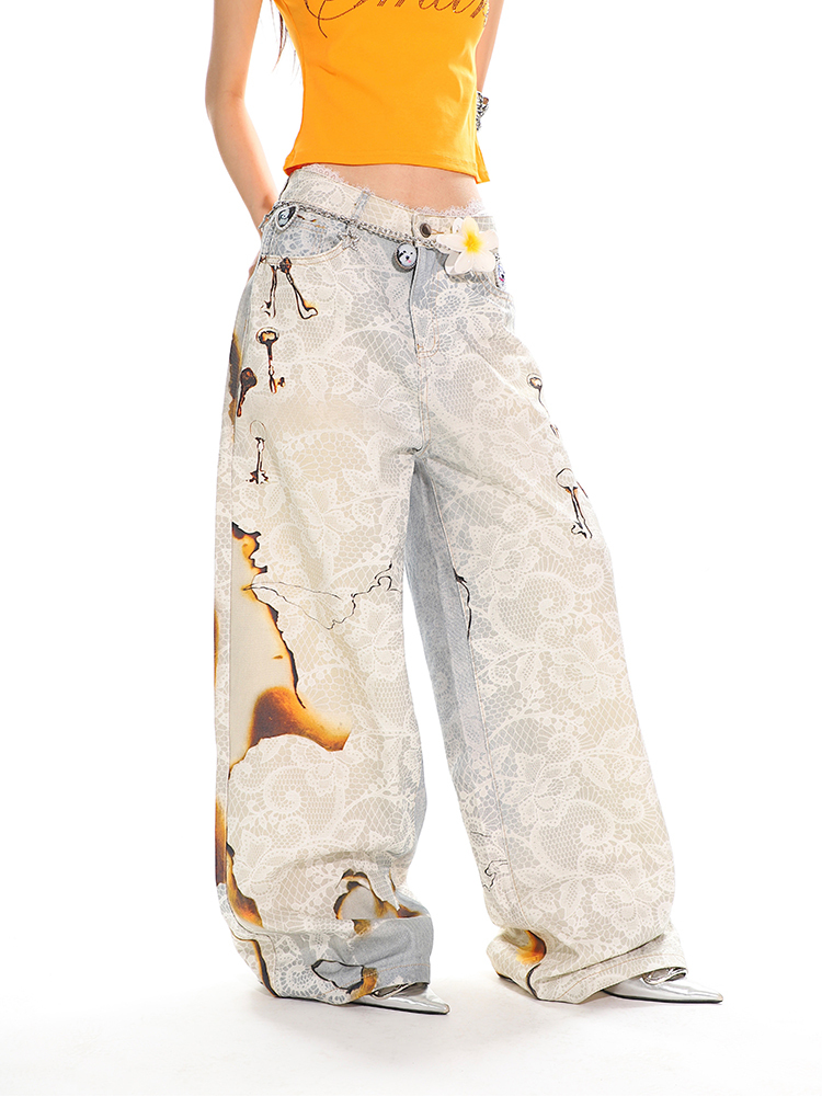 High Street Slimming Casual Wide-Leg Denim Pants with Fire-Burn Lace Print - Trendy 90s Inspired Heavyweight Design