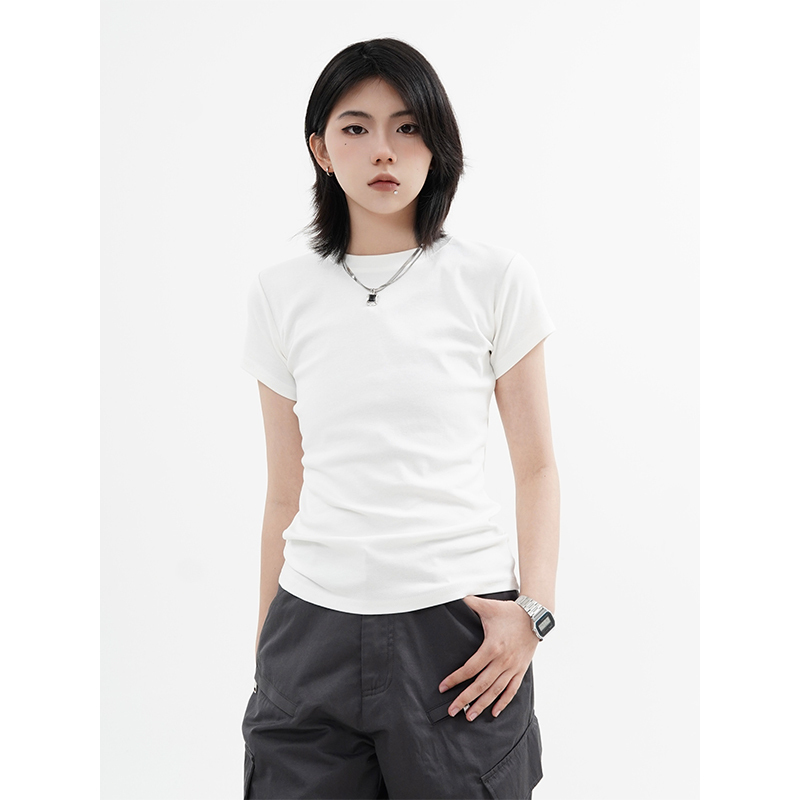 High Street Solid Color Short-Sleeve T-Shirt for Men and Women, Retro Straight Shoulder Small Collar, Fitted Y2K Style Top