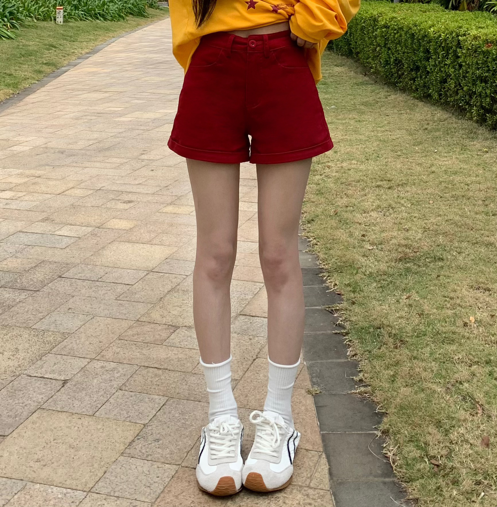 High Waist A-Line Denim Shorts for Women - Red Tight Fitted Hot Pants for Summer 2025, Trendy Hot Girl Style
