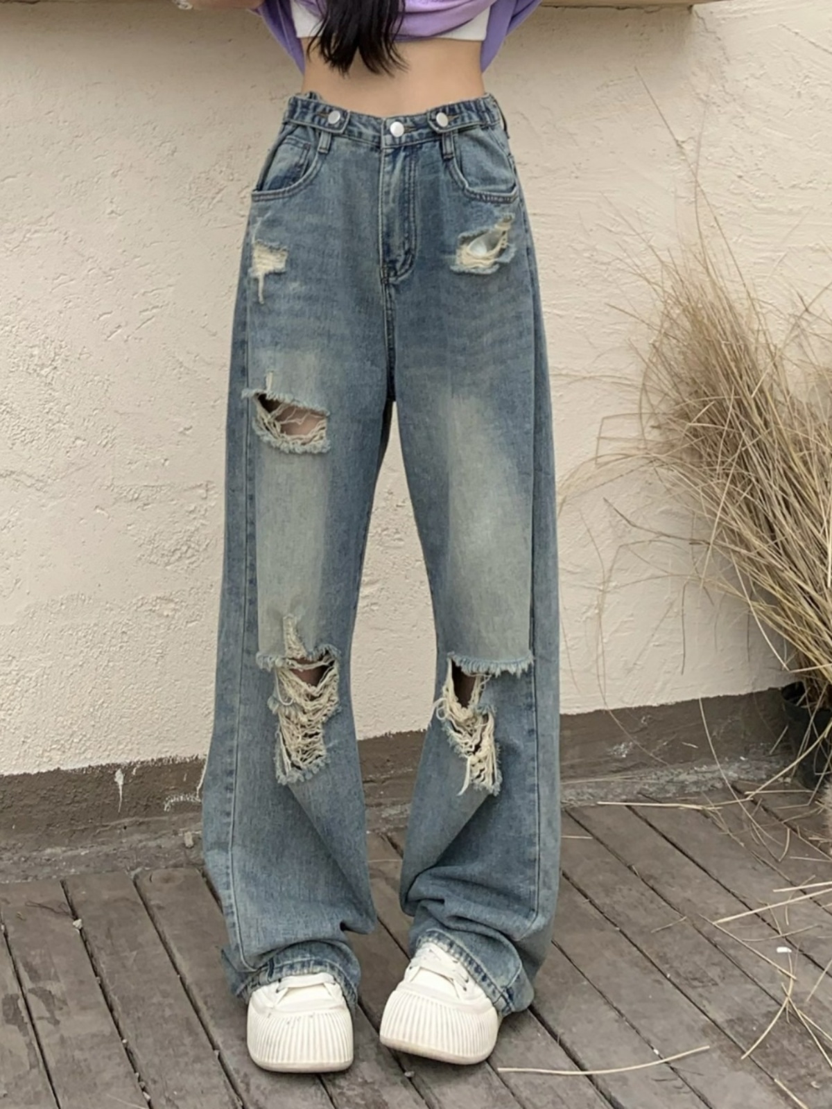 High Waist Ripped Jeans for Women - Trendy Summer Straight Leg Pants, Floor-Length Washed Style, INS Fashion, Casual Chic Look