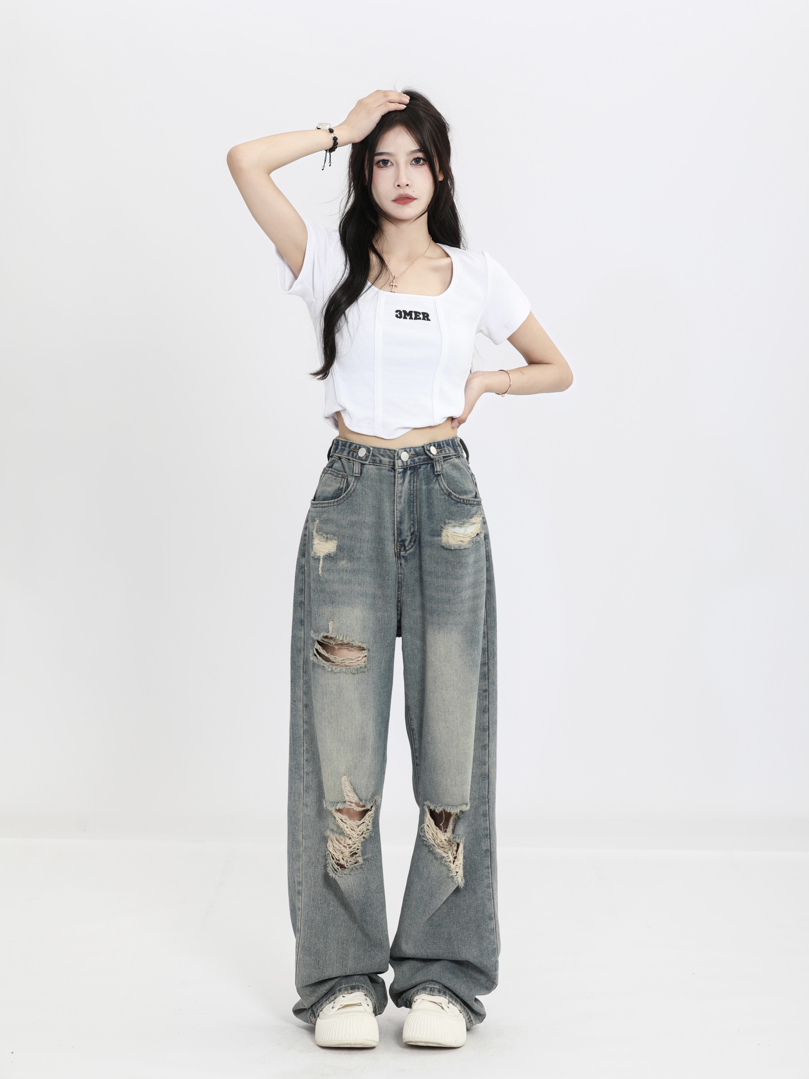 High Waist Ripped Jeans for Women - Trendy Summer Straight Leg Pants, Floor-Length Washed Style, INS Fashion, Casual Chic Look