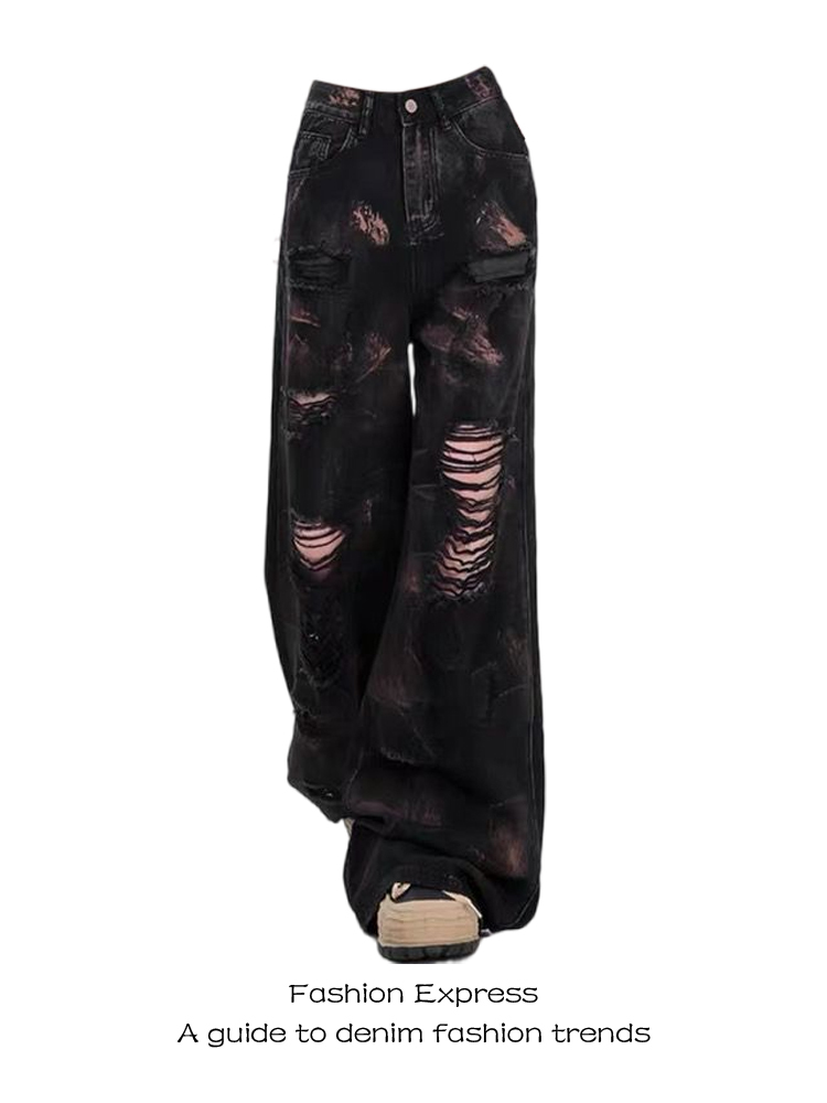 High-Waisted Black Ripped Vintage Tie-Dye Jeans for Women - Loose Straight-Leg Design, Floor-Length for Spring and Summer Style