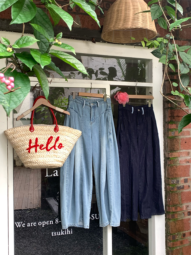 High-Waisted Blue Retro Patchwork Denim Pants for Women - Summer Loose Slim Wide-Leg Style, Vintage Inspired, Y2K Fashion