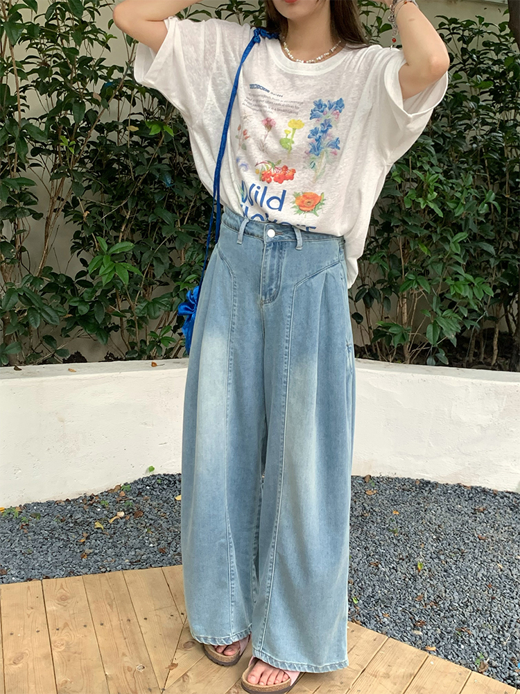 High-Waisted Blue Retro Patchwork Denim Pants for Women - Summer Loose Slim Wide-Leg Style, Vintage Inspired, Y2K Fashion