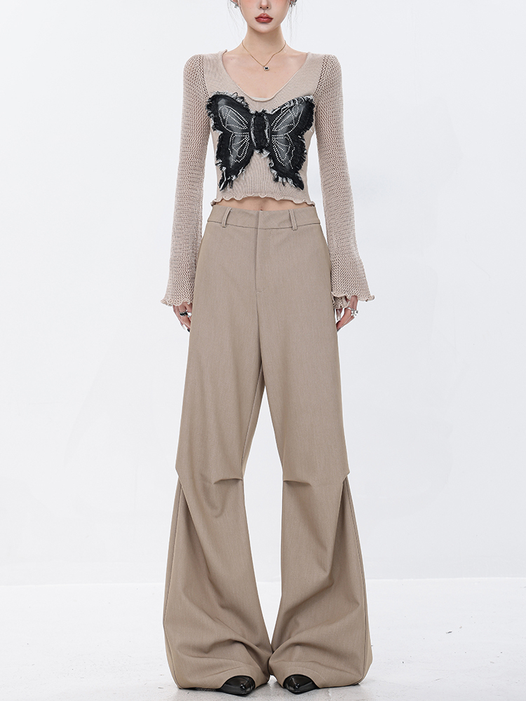 High-Waisted Brown Wide-Leg Casual Pants for Women - 2024 Spring Collection, Loose Draped, Slightly Flared Suit Pants