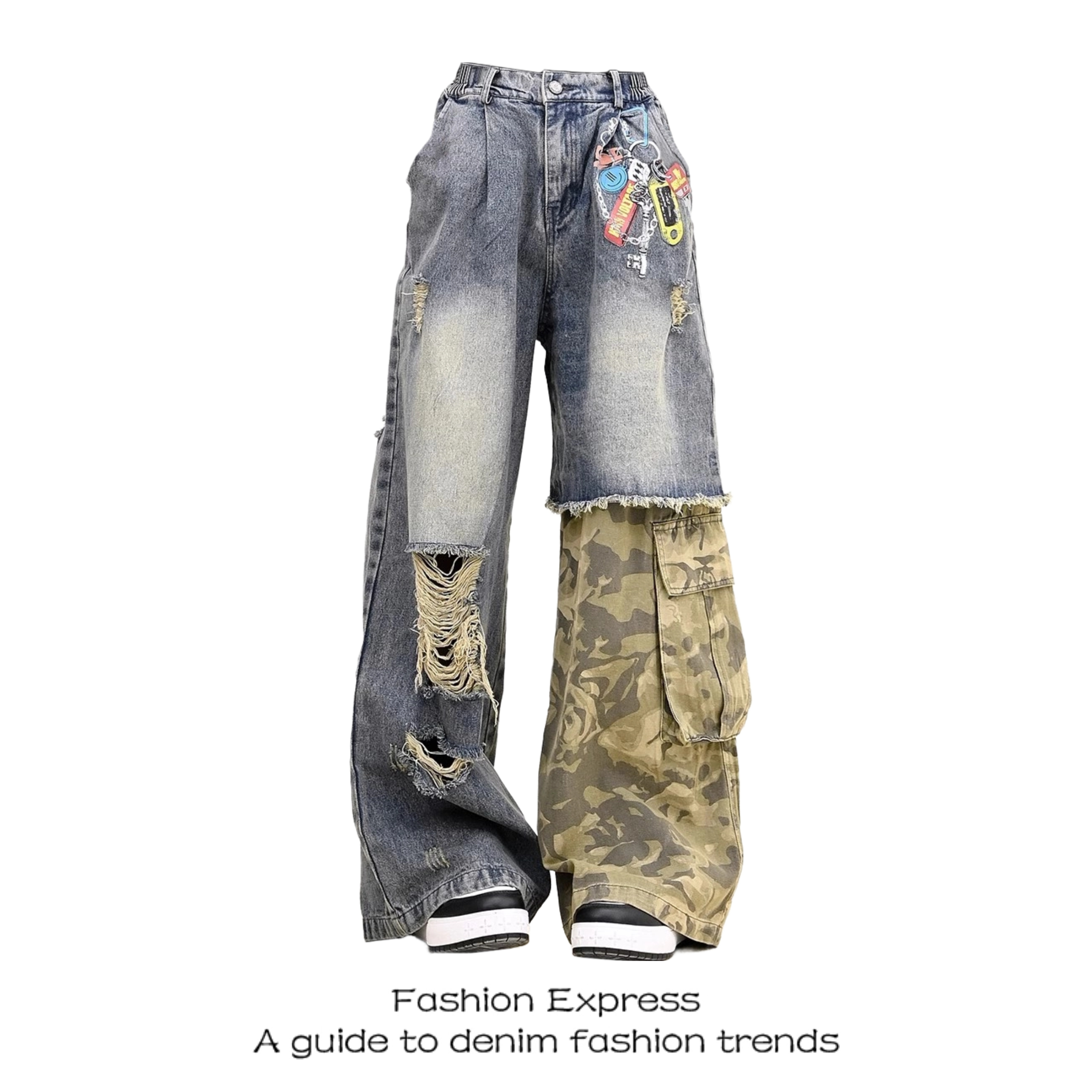 High-Waisted Camouflage Jeans for Women - 2025 Spring Autumn Street Style, Distressed Patchwork Loose Straight Wide-Leg Pants