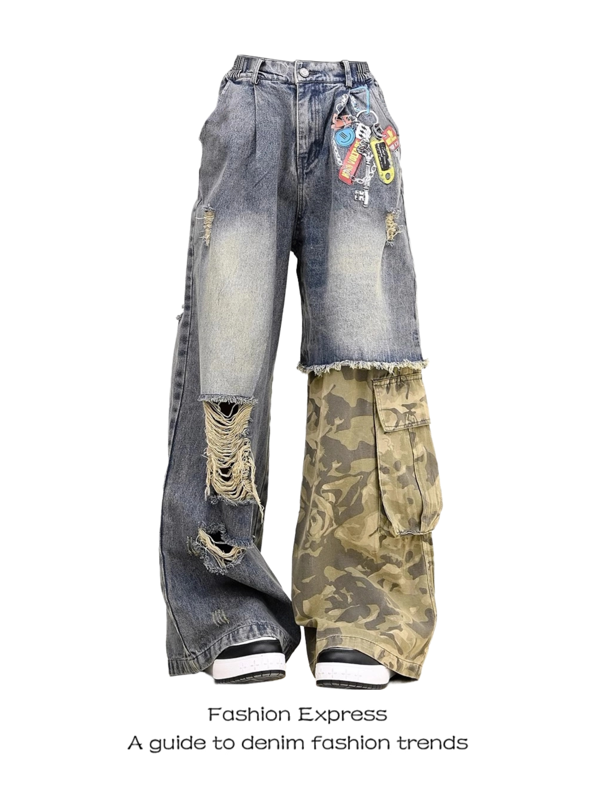 High-Waisted Camouflage Jeans for Women - 2025 Spring Autumn Street Style, Distressed Patchwork Loose Straight Wide-Leg Pants