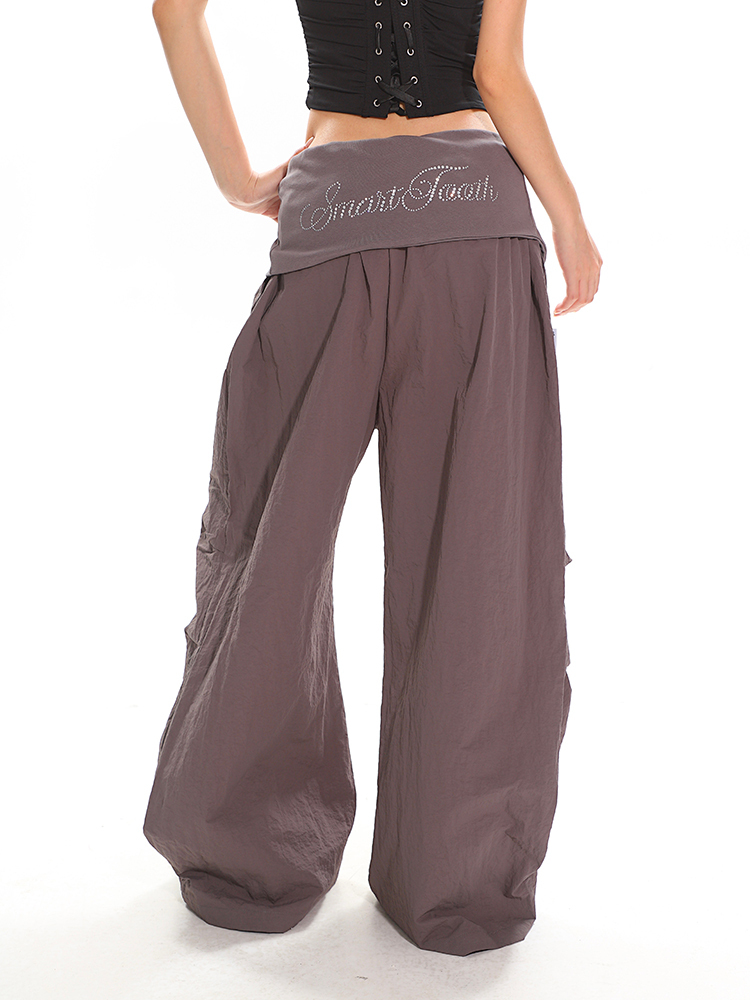 High-Waisted Cuffed Cargo Trousers with Rhinestone Detail - Versatile Pleated Wide-Leg Pants for Y2K and Street Style Fashion