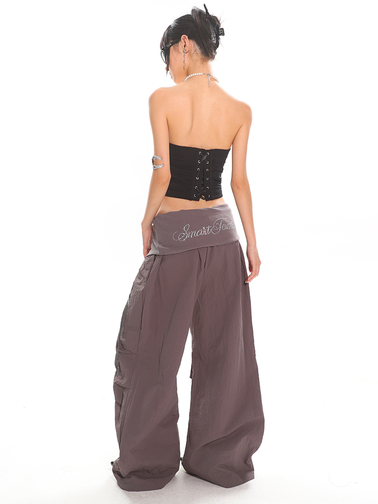 High-Waisted Cuffed Cargo Trousers with Rhinestone Detail - Versatile Pleated Wide-Leg Pants for Y2K and Street Style Fashion