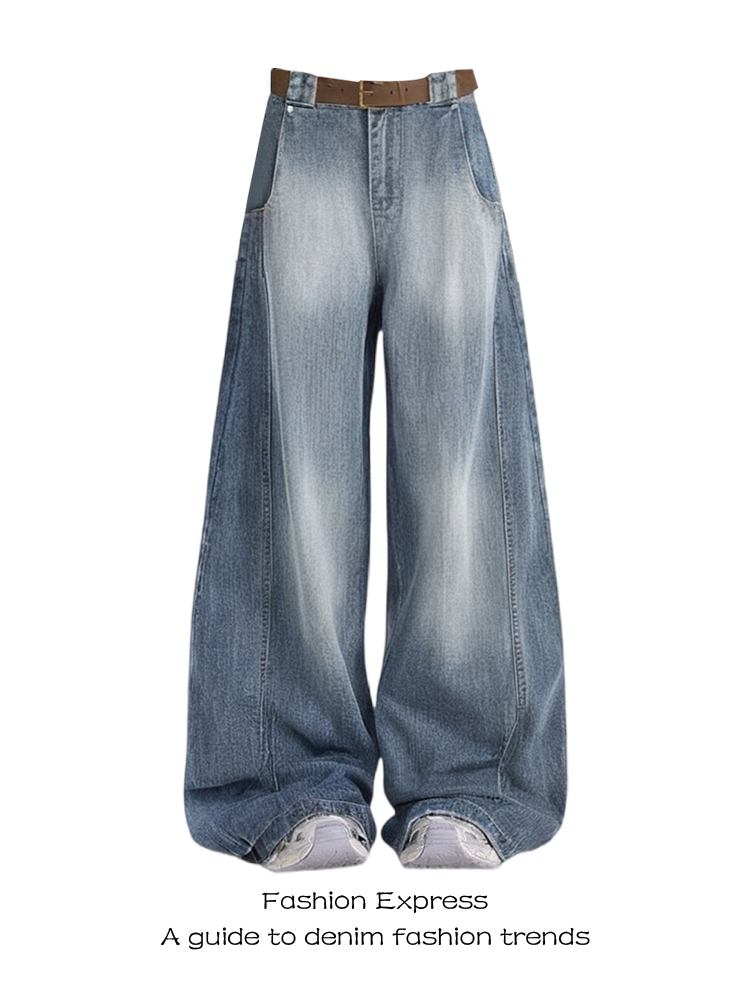 High-Waisted Deconstructed Curved Blade Jeans for Women - Vintage Washed Wide-Leg Scythe Pants for Autumn Winter 2025