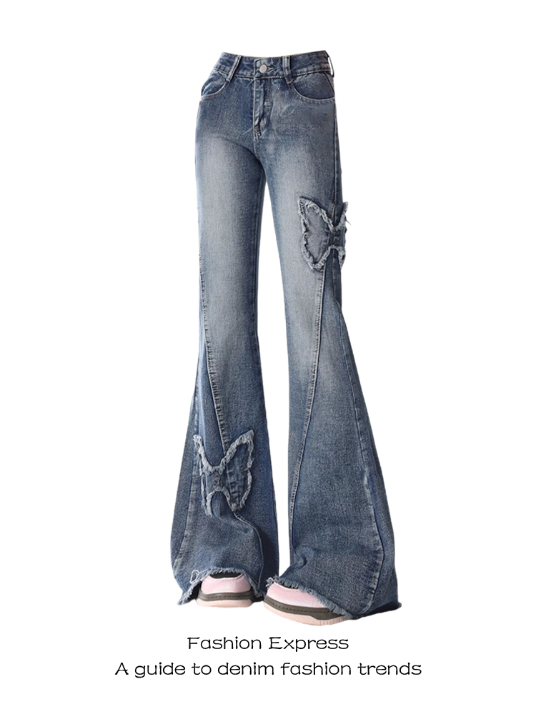 High-Waisted Flared Jeans for Women with Butterfly Embroidery | Vintage Style | 2025 Spring Autumn Fashion | Floor-Length