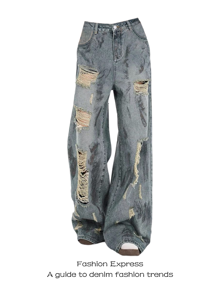 High-Waisted Loose Fit Ripped Jeans for Women - American Retro Wasteland Style Ink Splash Wide-Leg Floor-Length Pants