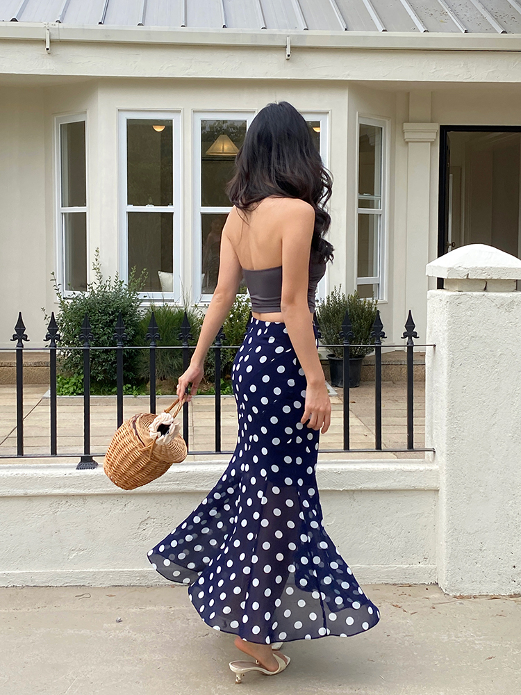 High-Waisted Polka Dot Irregular Vintage Long Skirt with Fish Tail Design - Slimming Asymmetrical Style