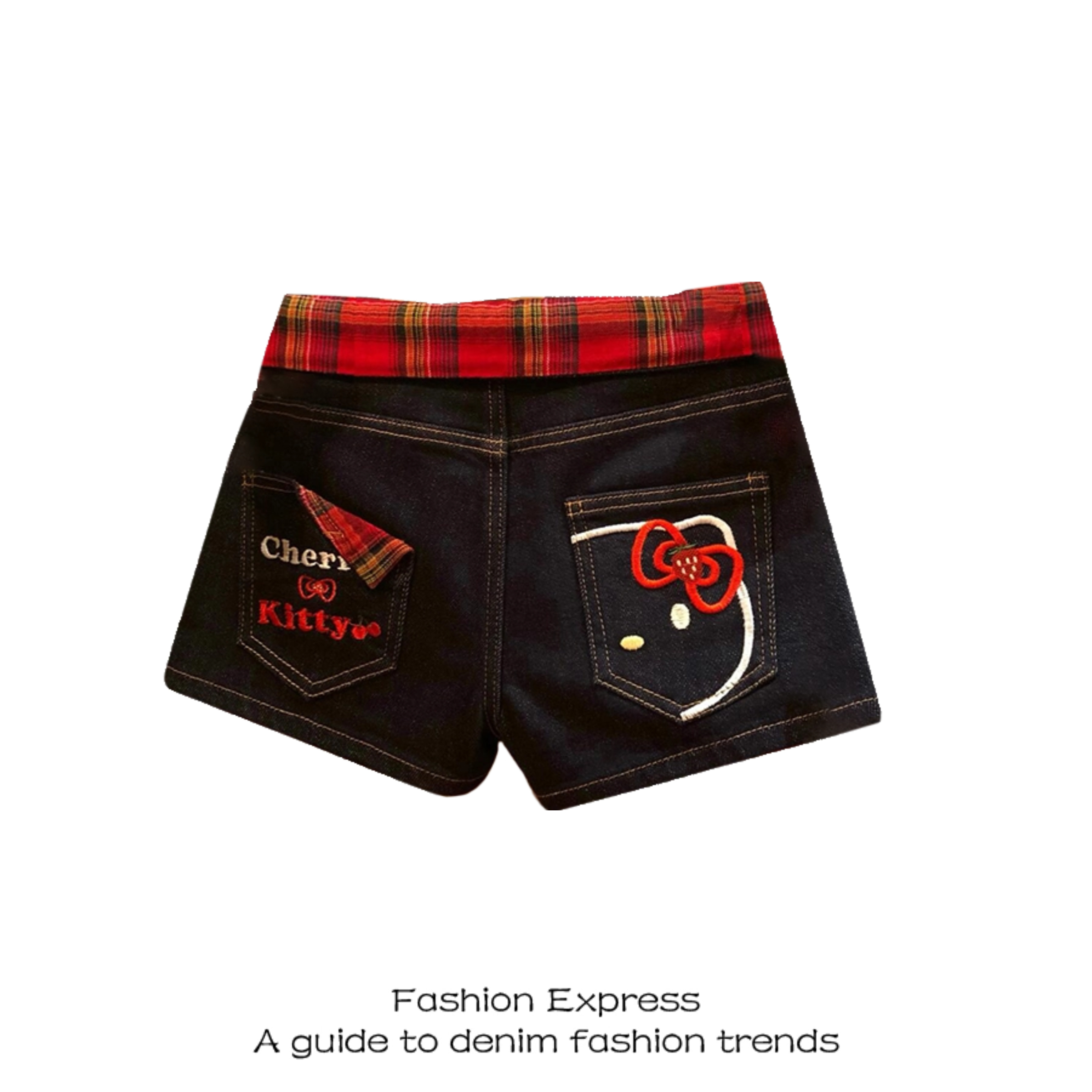 High-Waisted Red Plaid Splicing Short Shorts with Hello Kitty Embroidery - American Retro High Street Hot Girl Summer Style